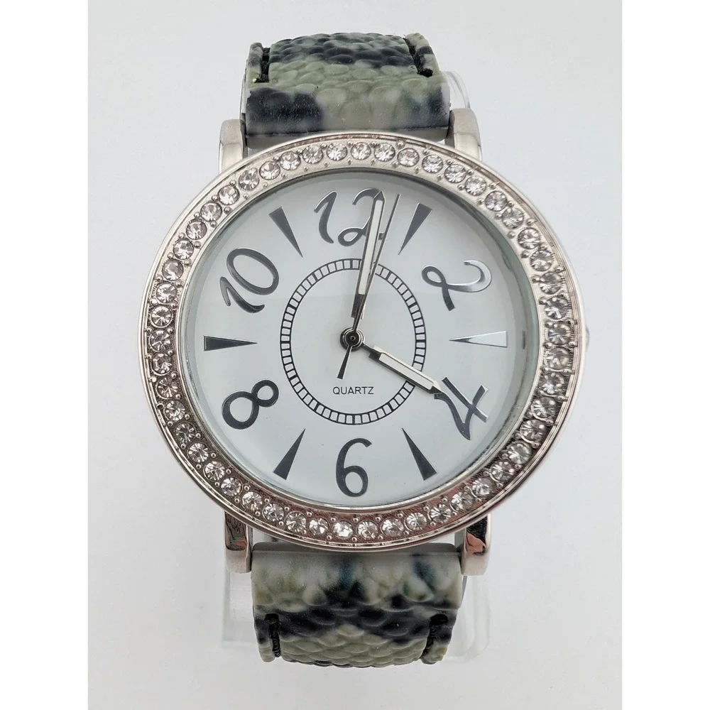 Women's Quartz Watch 41mm Case Rhinestone Bezel Black/Gray Silicone Band Working